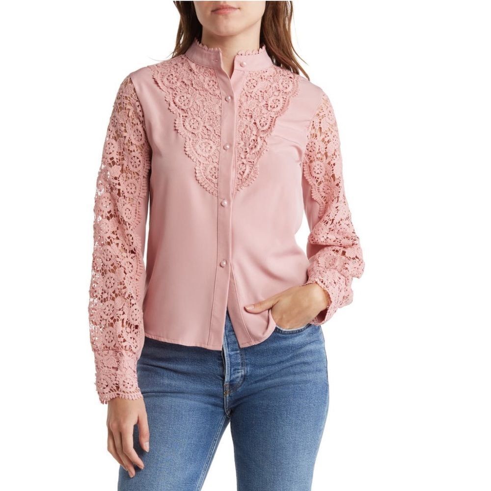 HL AFFAIR Lace Panel Long Sleeve Blouse Top, Romantic Pink/Blush Size Large, NWT